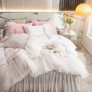 冬天白色双面绒床上四件套公主风蕾丝边被套冬季加绒珊瑚绒床裙款