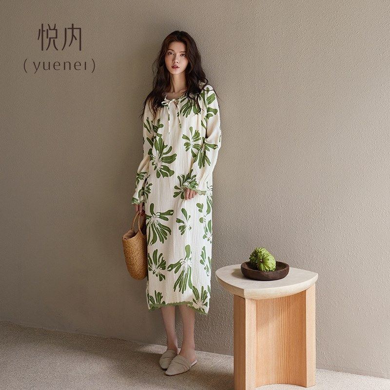 悦内睡裙女士睡衣春夏款夏季纯棉纱布全棉长袖大码长款春秋季薄款,女士内衣/男士内衣/家居服,睡裙,淘宝优惠券,粉丝福利购,淘宝优惠卷