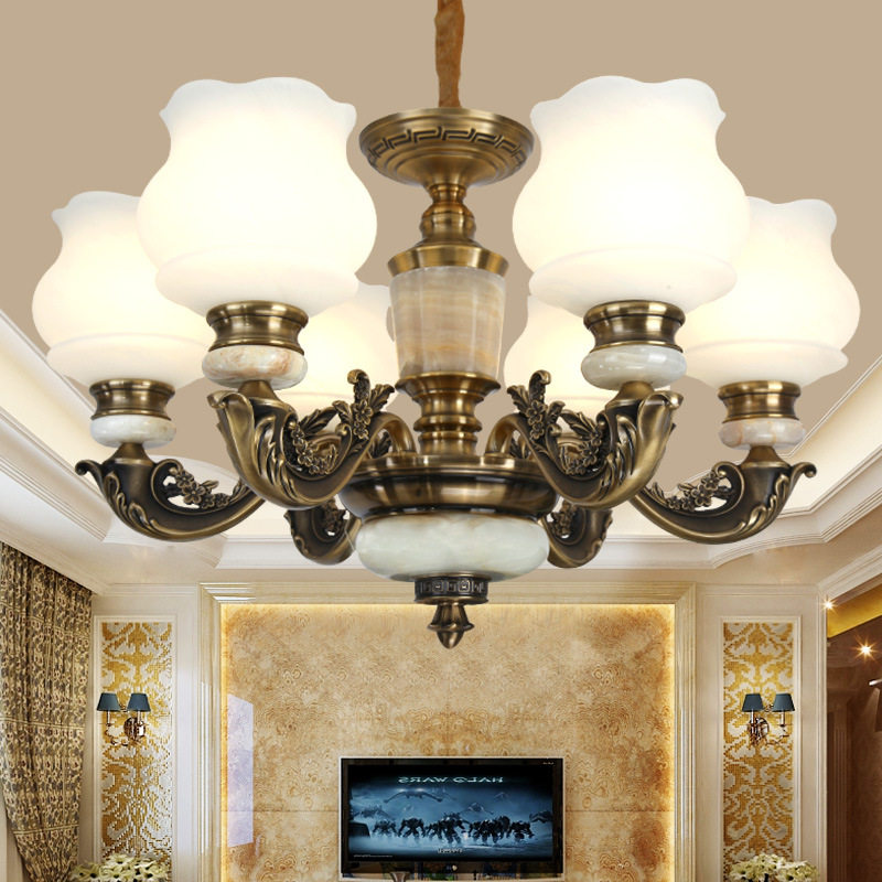 新款欧式吊灯美式 锌合金真玉石金古铜色客厅LED灯饰创意家居灯具