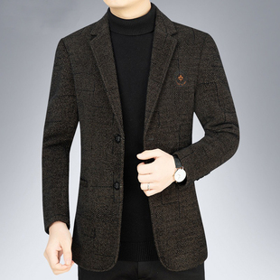 休闲西服男毛呢爸爸秋冬装外套雪尼尔加绒加厚款西装单西夹克免烫