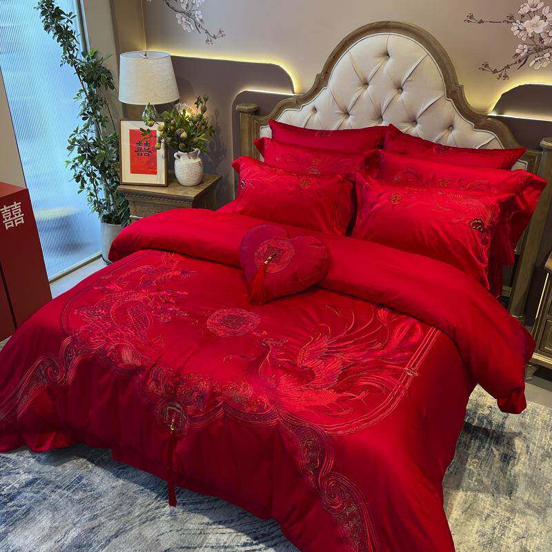 九喜狐婚庆家纺结婚床上用品大红色四件套龙凤刺绣贡缎全棉被