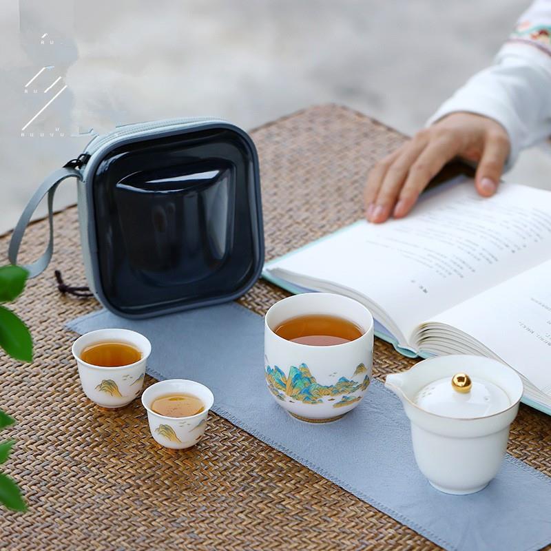 千里江山旅行茶具套装便携式户外露营装备随身小套快客杯一壶三杯