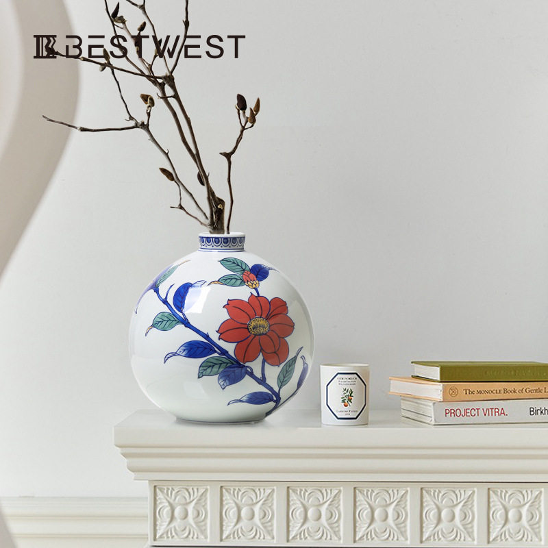 Bestwest新中式复古双耳青花瓷陶瓷花瓶摆件家居酒壶花器装饰品