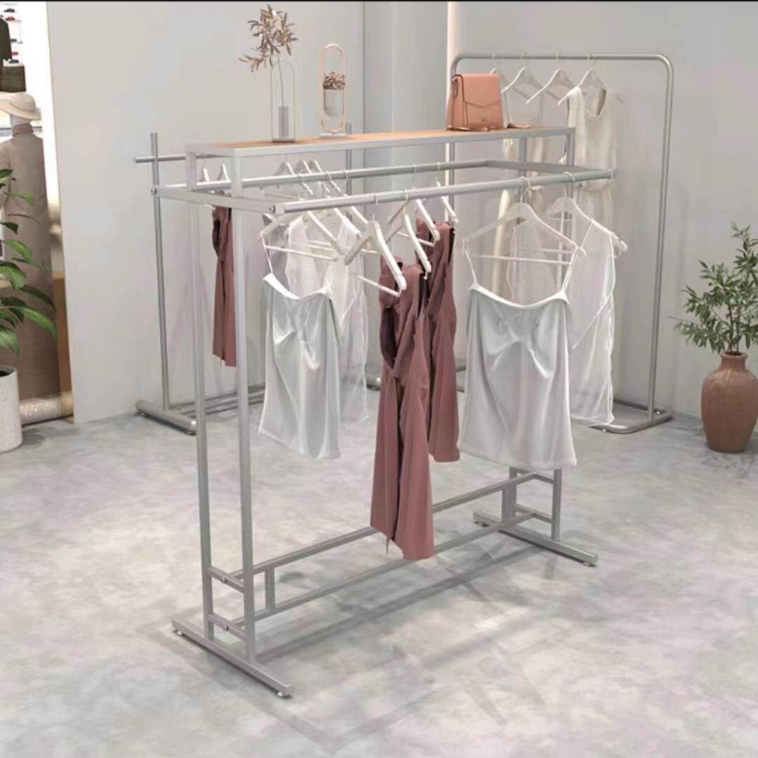 服装店双排中岛架不锈钢拉丝银色网红女装童装货架落地挂衣杆架子