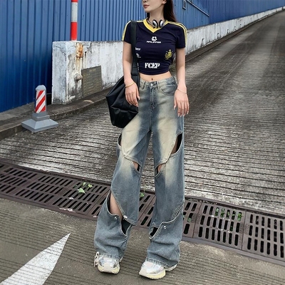 破洞缕空高腰阔腿裤长裤