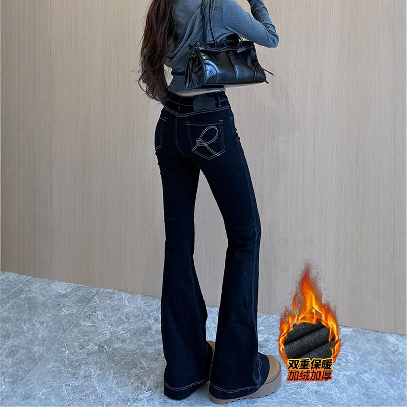 口袋刺绣微喇牛仔裤女2025冬季加绒新款高腰弹力显高显瘦喇叭长裤