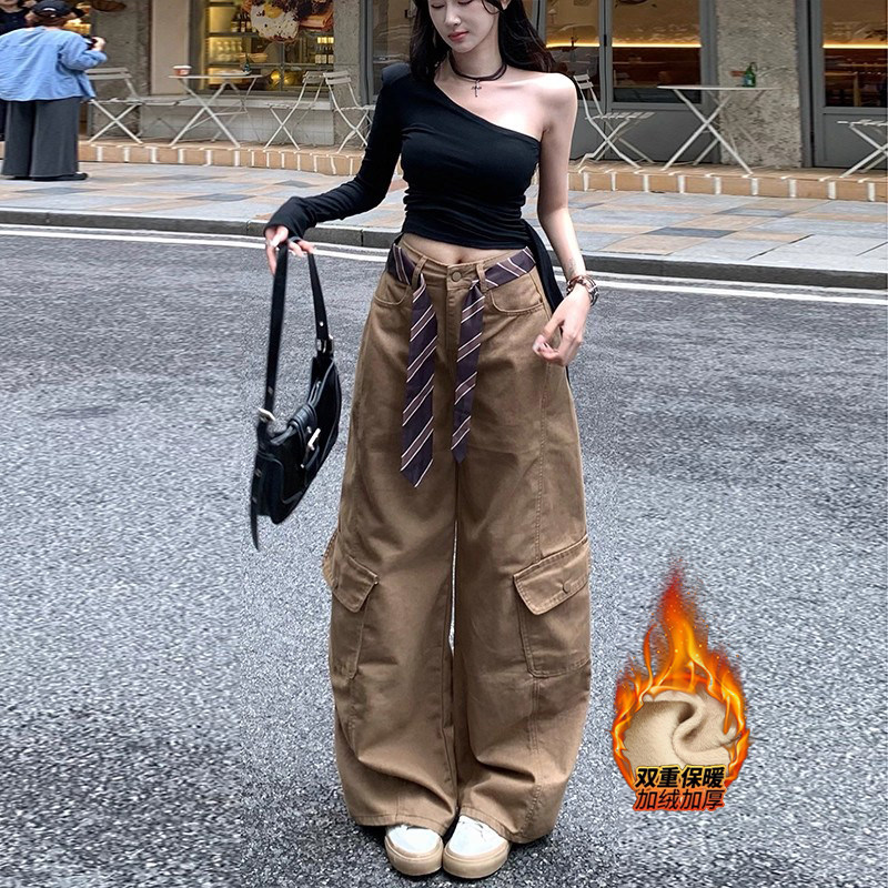 高腰丝带工装阔腿牛仔裤女2026冬季加绒高腰宽松垂感休闲弯刀长裤,女装/女士精品,牛仔裤,淘宝优惠券,粉丝福利购,淘宝优惠卷