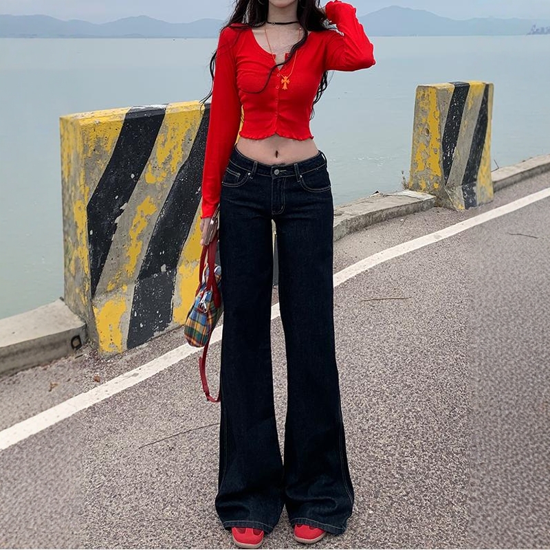 深蓝色辣妹低腰微喇牛仔裤女