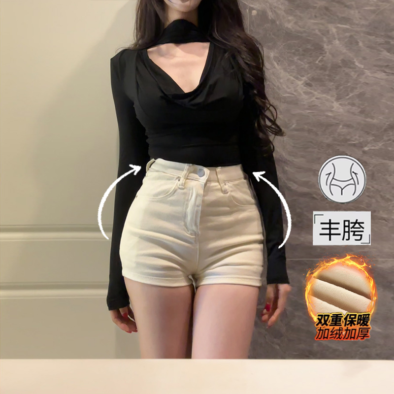 丰胯牛仔短裤女米白色