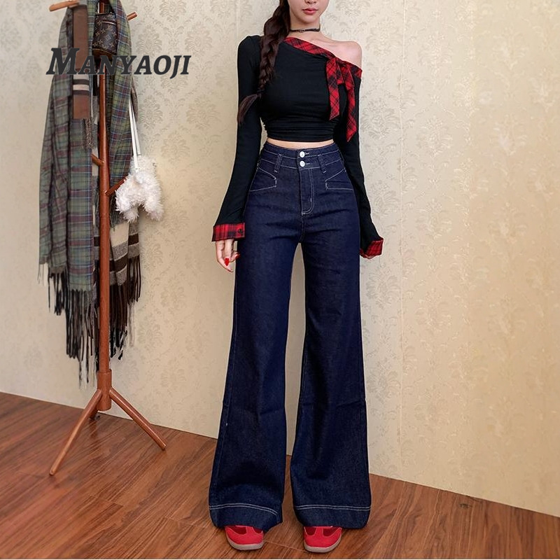 丹宁色高腰阔腿喇叭裤长裤
