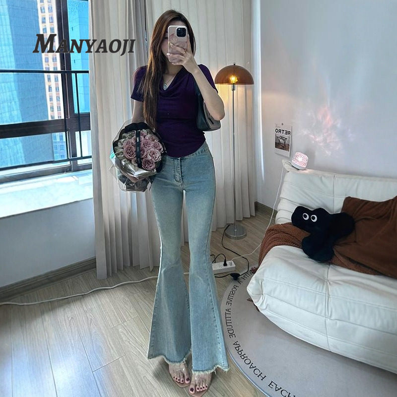 浅蓝色毛边微喇牛仔裤女2026冬季新款弹力显瘦显腿长鱼尾喇叭长裤,女装/女士精品,牛仔裤,淘宝优惠券,粉丝福利购,淘宝优惠卷