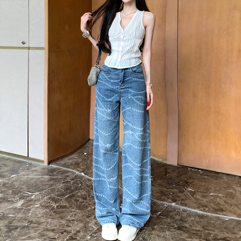小香珍珠链条印花阔腿牛仔裤女2025夏季新款高腰宽松日常休闲长裤