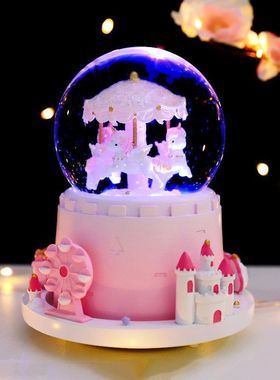 城堡旋转彩灯飘雪八音盒自动木马外粉色生日礼品特大号水晶球旋转