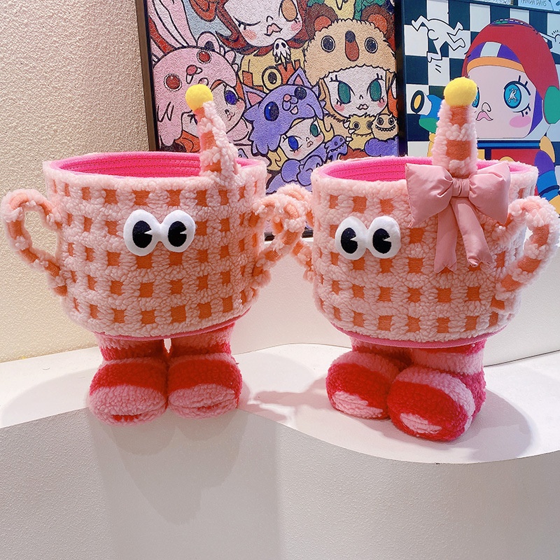 934羊羔毛冰淇淋小怪兽棉线收纳桶客厅杂物玩具化妆品收纳整理篮