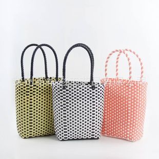 塑料度假手提编织海边购物篮简约沙滩包格子包手工菜篮子 篮子竖款