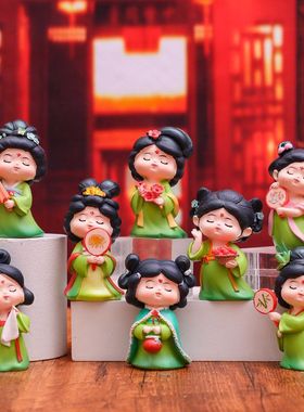 装饰品夜梦唐宫摆桌面手办树脂娃娃ins仕女汉服车公仔模型唐古风