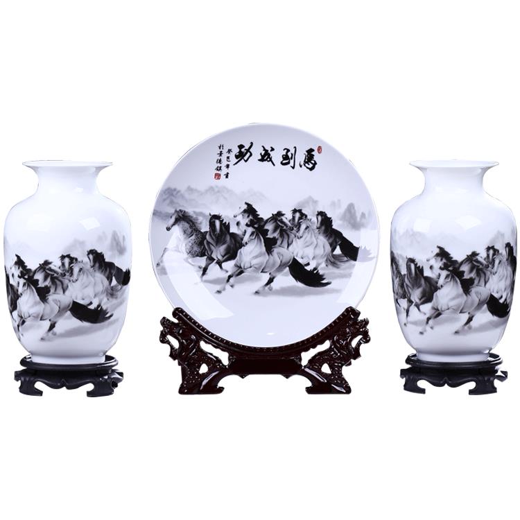 景德镇陶瓷花瓶三件套摆件新中式客厅家居酒柜装饰品办公室插花器