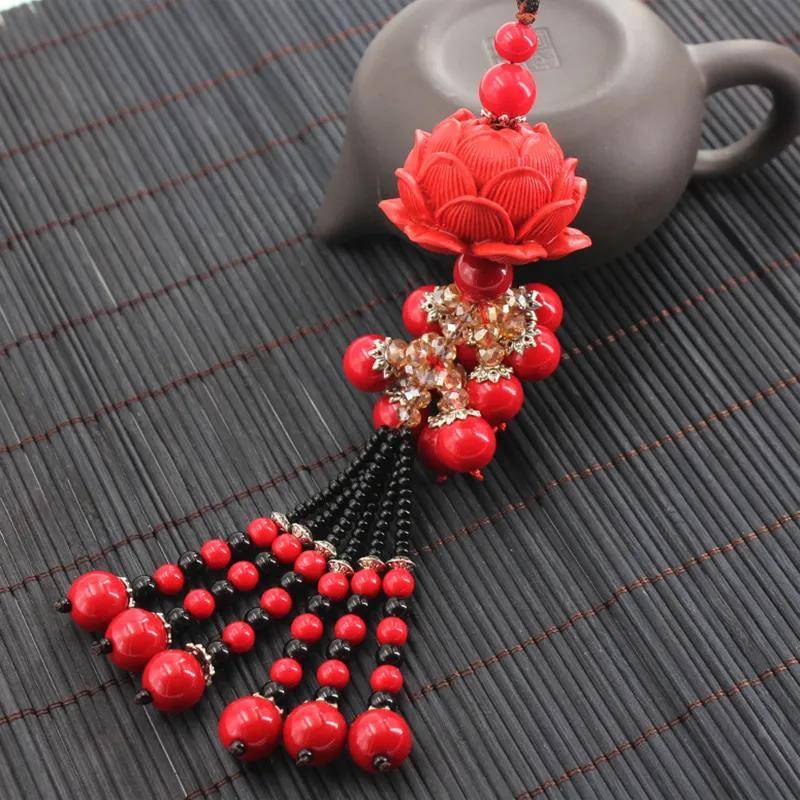 朱砂莲花汽车挂件车内后照镜吊坠挂饰品招财祝福保平安新年红挂饰