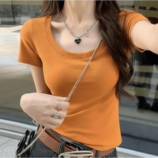 新款 2025夏季 小众甜美正肩辣妹t恤ins锁骨甜辣圆领显瘦纯欲纯色女