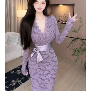 性感V领收腰显瘦蕾丝加绒毛连衣裙春季 显瘦包臀裙 新款 修身