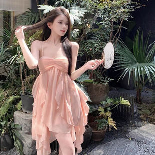 短裙粉色温柔风甜美气质不规则a字裙子 纯欲雪纺吊带连衣裙女夏季