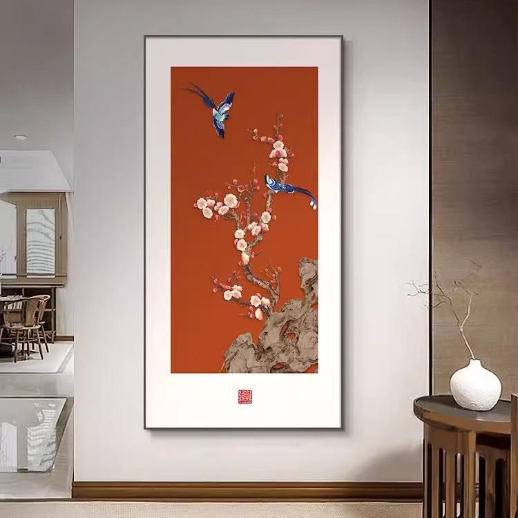 喜气盈门玄关装饰画新中式竖版寓意好花鸟挂画走廊过道高级感壁画
