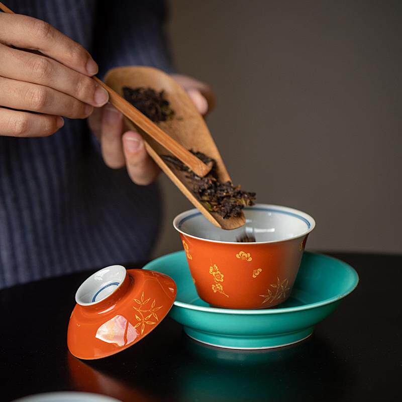 仿古矾红烫金梅竹松盖碗茶杯单个家用陶瓷二才茶碗带盖功夫泡茶器