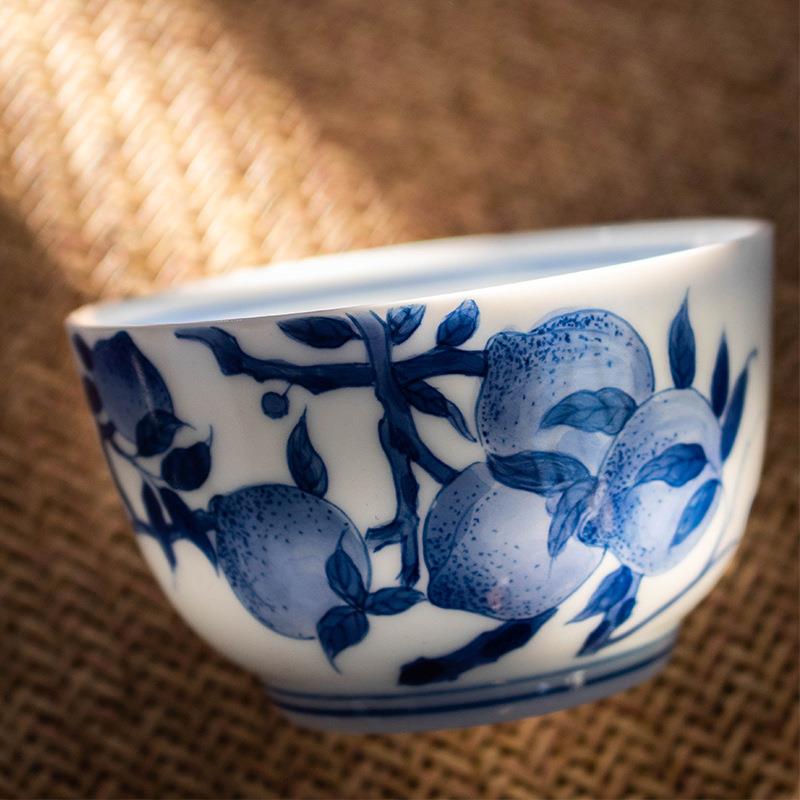 陶瓷功夫主人茶杯茶具青花单个手绘寿桃主人杯茶盏品茗杯茶碗