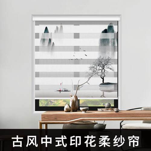 印花柔纱帘卷帘百叶窗客厅书房办公室免打孔遮光遮阳升降卷帘窗帘