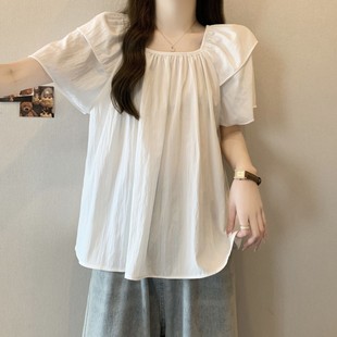 百搭夏季 大码 女胖MM宽松显瘦遮肚薄款 气质甜美风复古方领短袖 衬衫