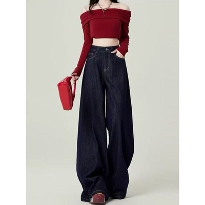 丹宁蓝牛仔裤女春秋季2025年新款时尚潮流休闲百搭宽松阔腿直筒裤