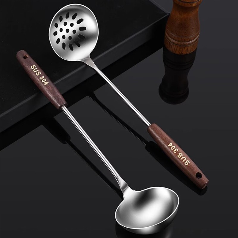 食品级304不锈钢火锅汤勺漏勺家用木柄小勺子盛汤专用商用大粥勺