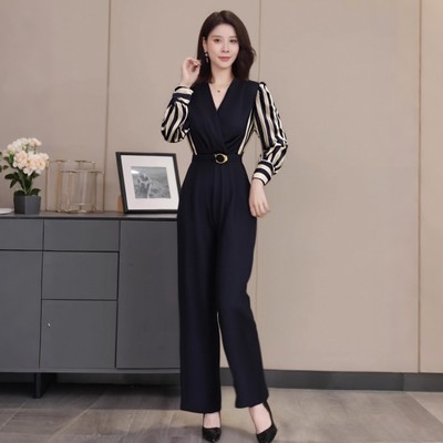 A时尚显瘦2025春季新款气质通勤条纹拼接高腰系带连体裤女D0522