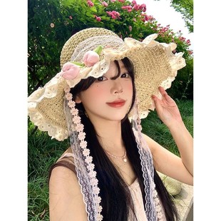 帽子郁金香蕾丝飘带草帽女夏季 独特漂亮 大帽檐遮阳防晒帽海边沙