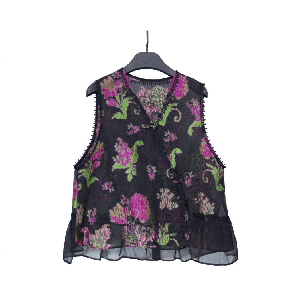 欣欣轻奢月华浓 新中式国风天竺菊提花马甲复古盘扣无袖坎肩女装