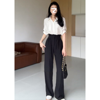 阿星张时尚通勤套装女夏季设计感V领短袖衬衫高腰显瘦直筒休闲裤