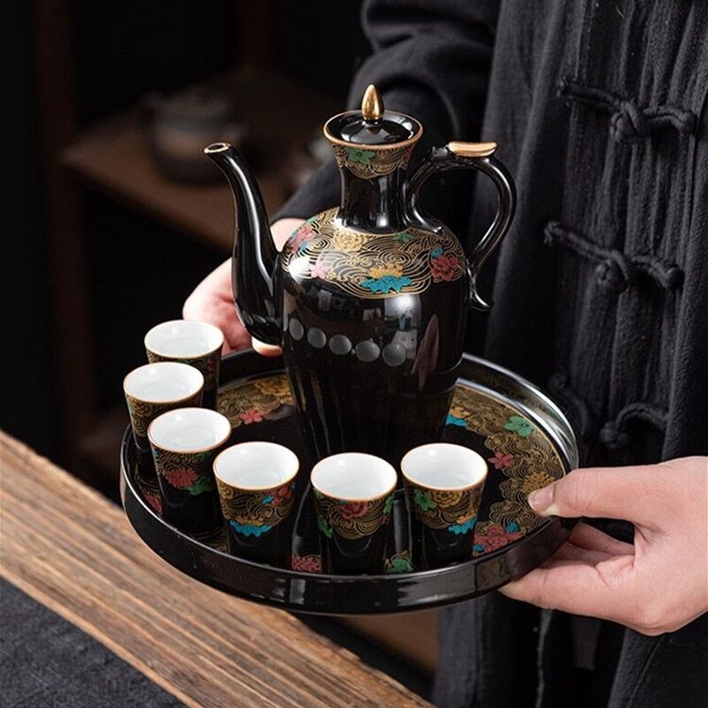陶瓷酒具套装中式白酒杯家用酒壶古代烈酒杯小酒盅老式高足杯托盘