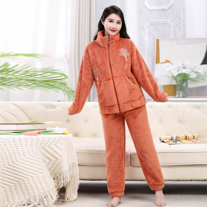 珊瑚绒大红色睡衣女冬季加厚加绒法兰绒保暖本命年冬天家居服套装