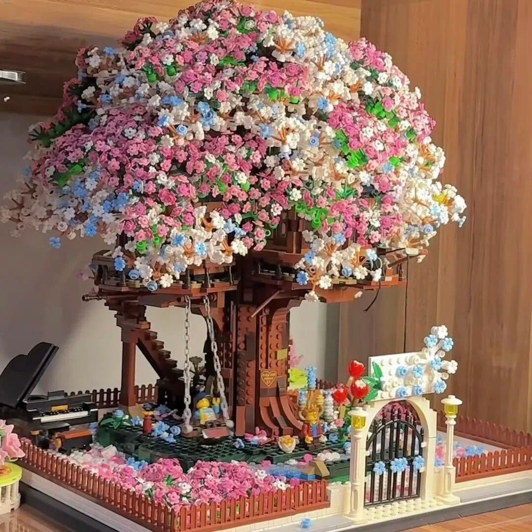 樱花树屋拼图小红书同款3d立体积木女孩益智高难度100颗拼装玩