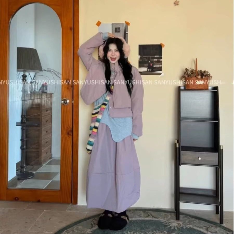小众不撞款冬季套装女紫色棉衣外时尚套装