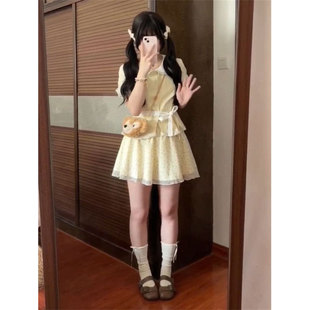 韩系少女风绑带娃娃领短袖 上衣女搭配高腰波点半身裙夏季 两件套装