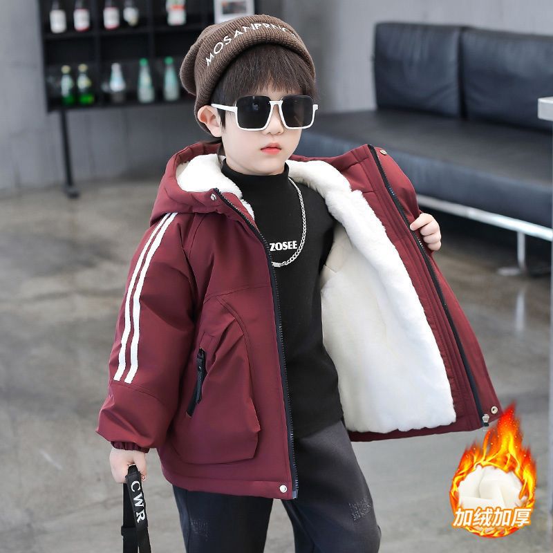 男童加绒派克服冬装洋气潮酷儿童加厚外套5到6七八九十岁男孩棉衣