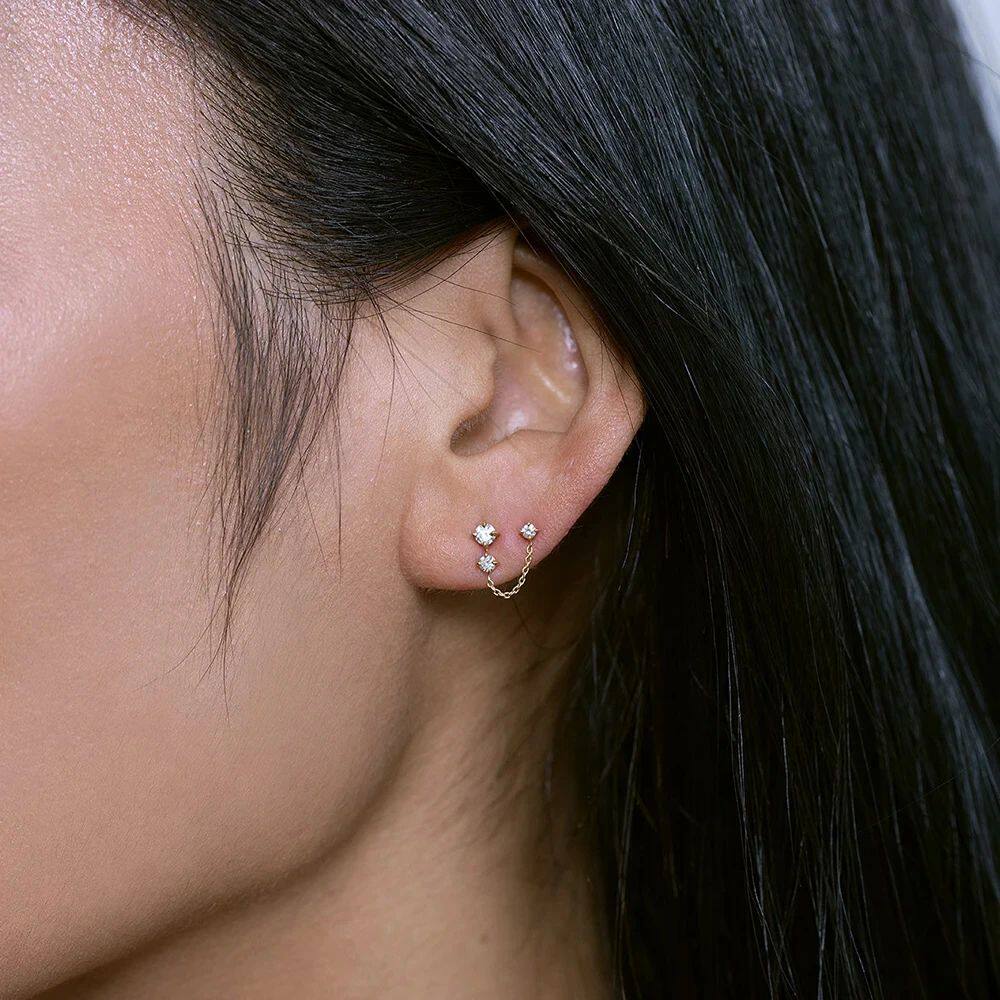 Aide 925 Sterling Silver Double Studs Three Clear Zircon Sma