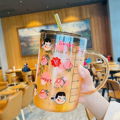 玻璃杯1000ml大容量可爱女孩吸管杯高硼硅家用办公带盖泡茶水杯子