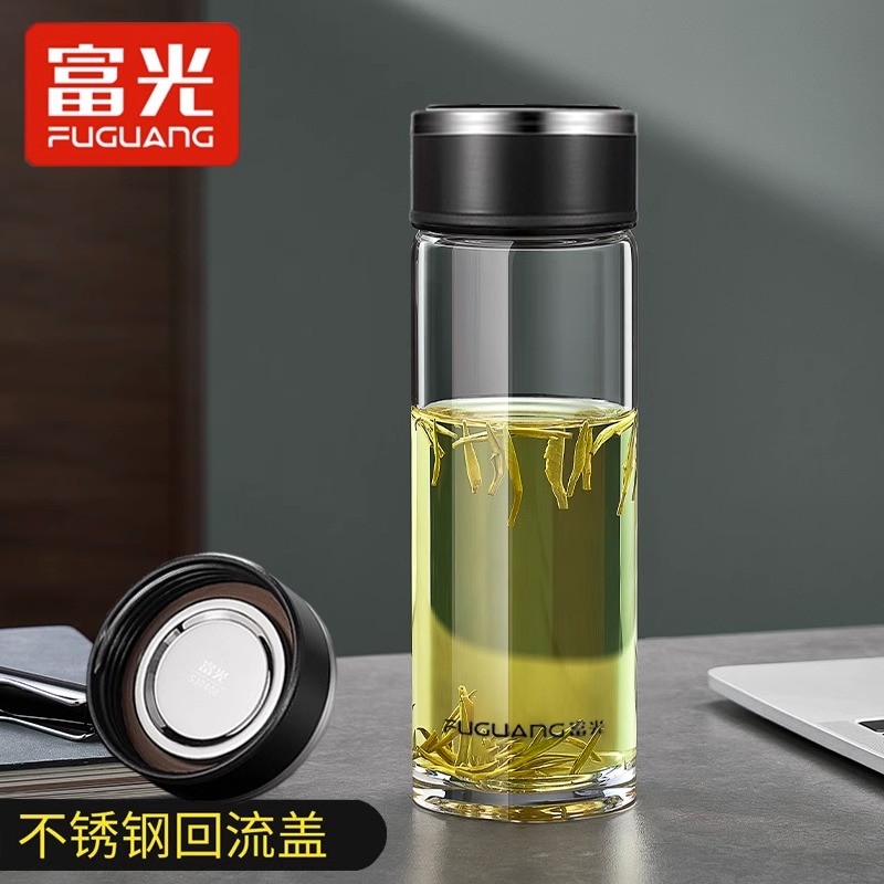 富光单层玻璃杯男女士茶杯加厚钢化高硼硅水杯大容量茶水分离杯子