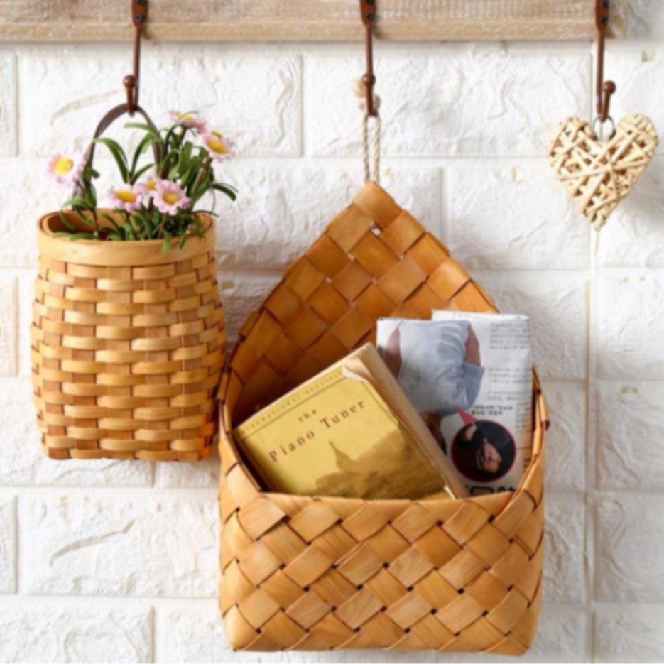 北欧手工编织木片篮田园壁挂花篮收纳筐复古手提杂货厨具阳台挂篮