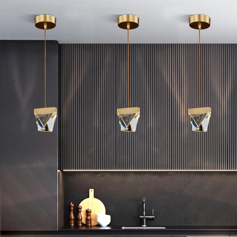 极简全铜卧室床头小吊灯北欧轻奢K9水晶灯单头餐厅吧台钻石吊灯