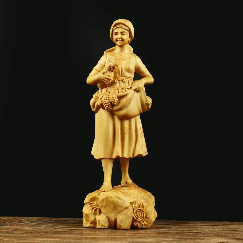 小叶黄杨木雕满载而归美女摆件家居客厅木装饰现代美女人像收藏品