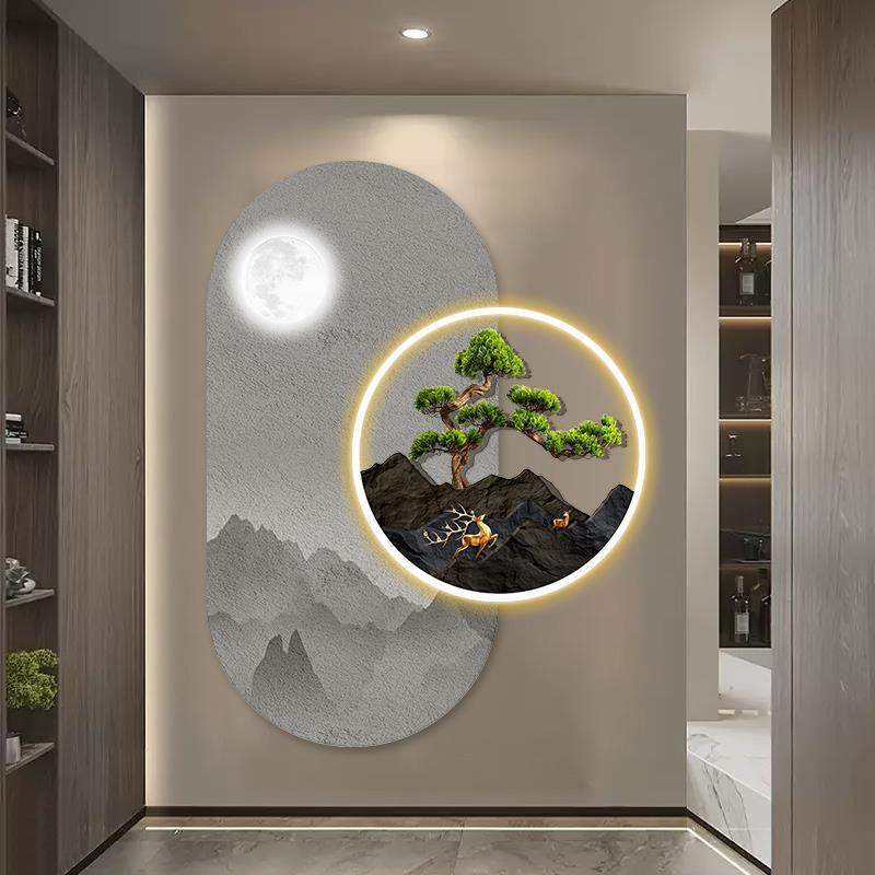 新中式入户玄关装饰画高档大气led氛围灯画带灯走廊过道尽头挂画
