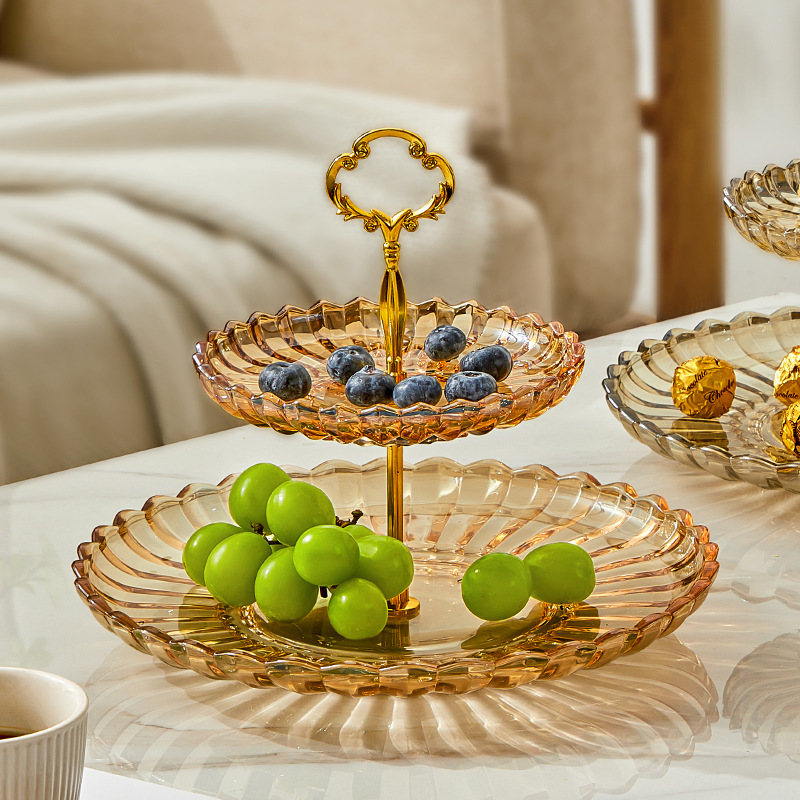 轻奢双层玻璃水果盘客厅家用茶几零食点心盘下午茶甜点摆放盘多层